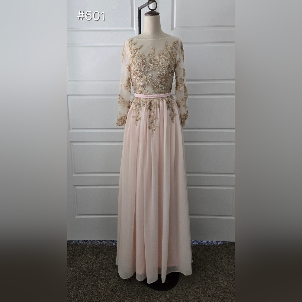 Pink and Tan Chiffon Long Sleeve A-line Prom Dress